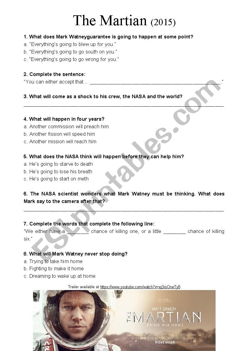 Movie trailer (listening activity) - The Martian - ESL worksheet For The Martian Movie Worksheet