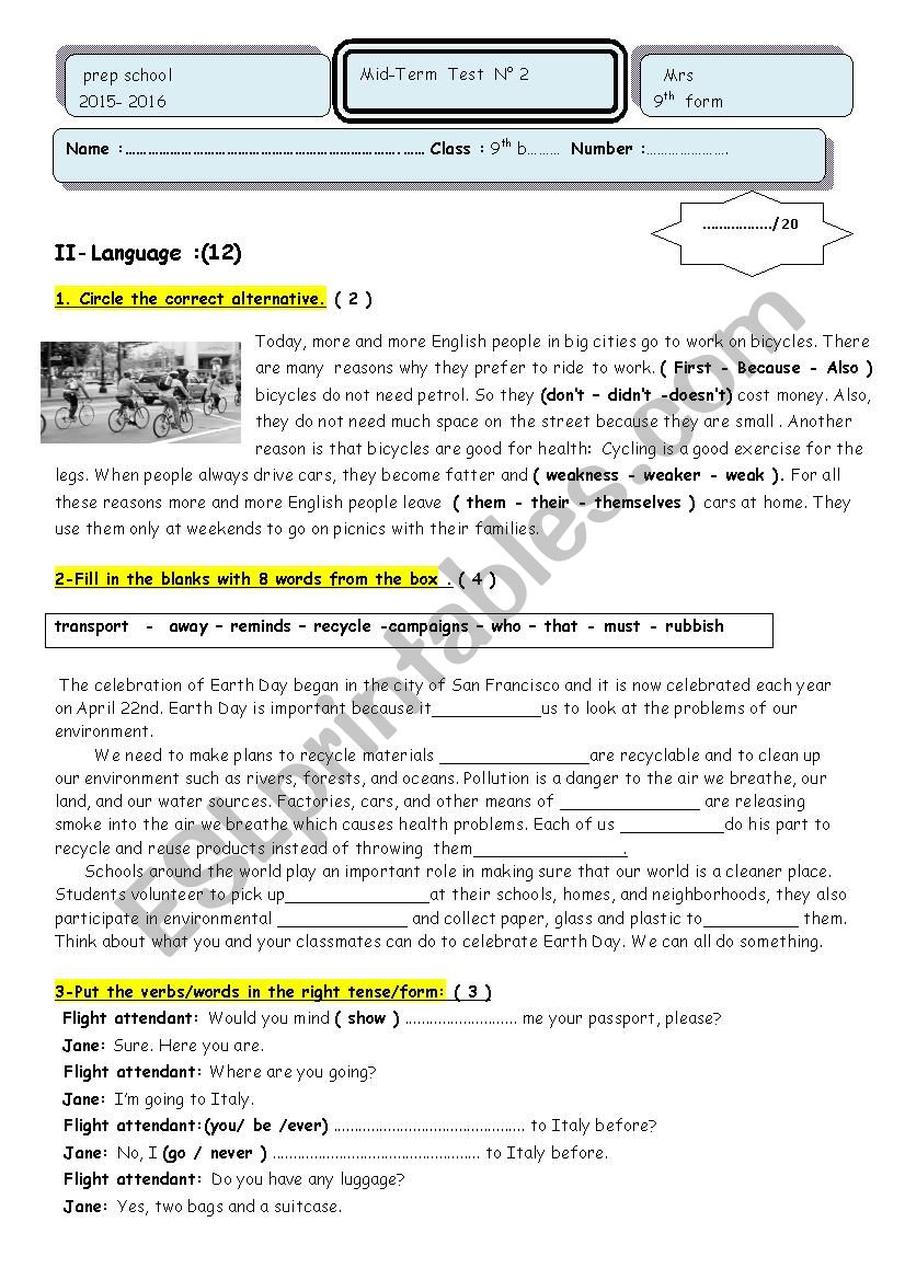Mid-term test n 2 9 th grade worksheet