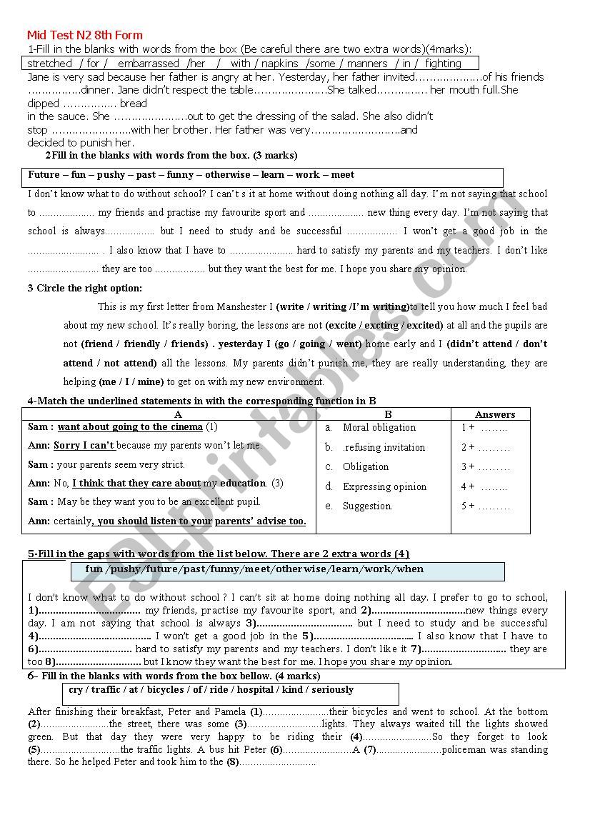mid test 2 8th form worksheet