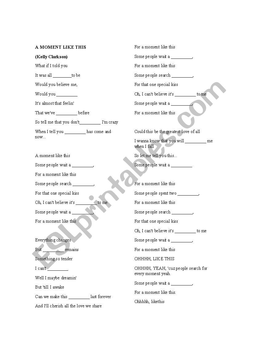 A moment like this worksheet