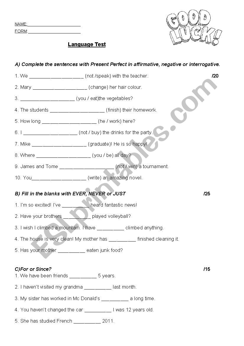 PRESENT PERFECT TEST worksheet