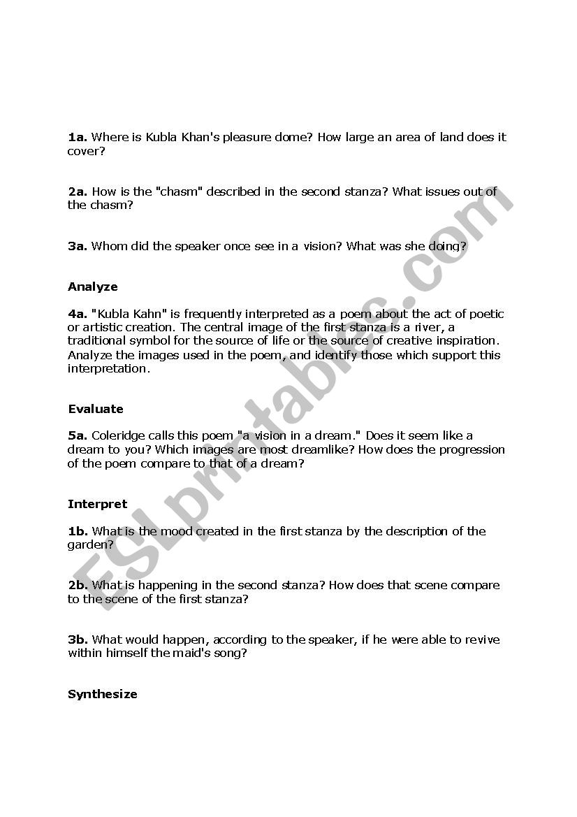 Coleridge - Kubla Kanh-Activities  