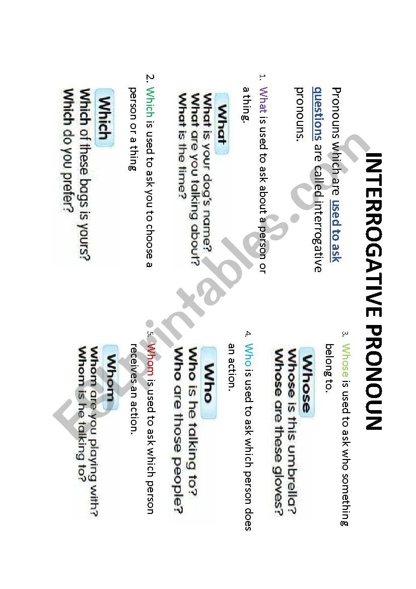 Interrogative Pronoun Notes worksheet