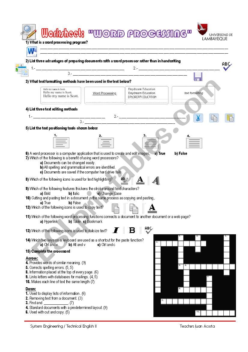 WORD PROCESSING QUIZ worksheet