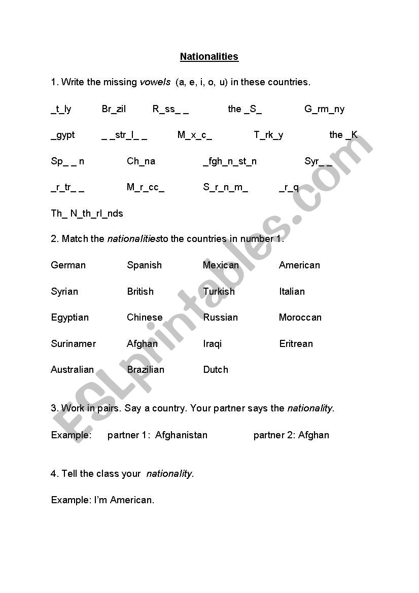Nationalities worksheet