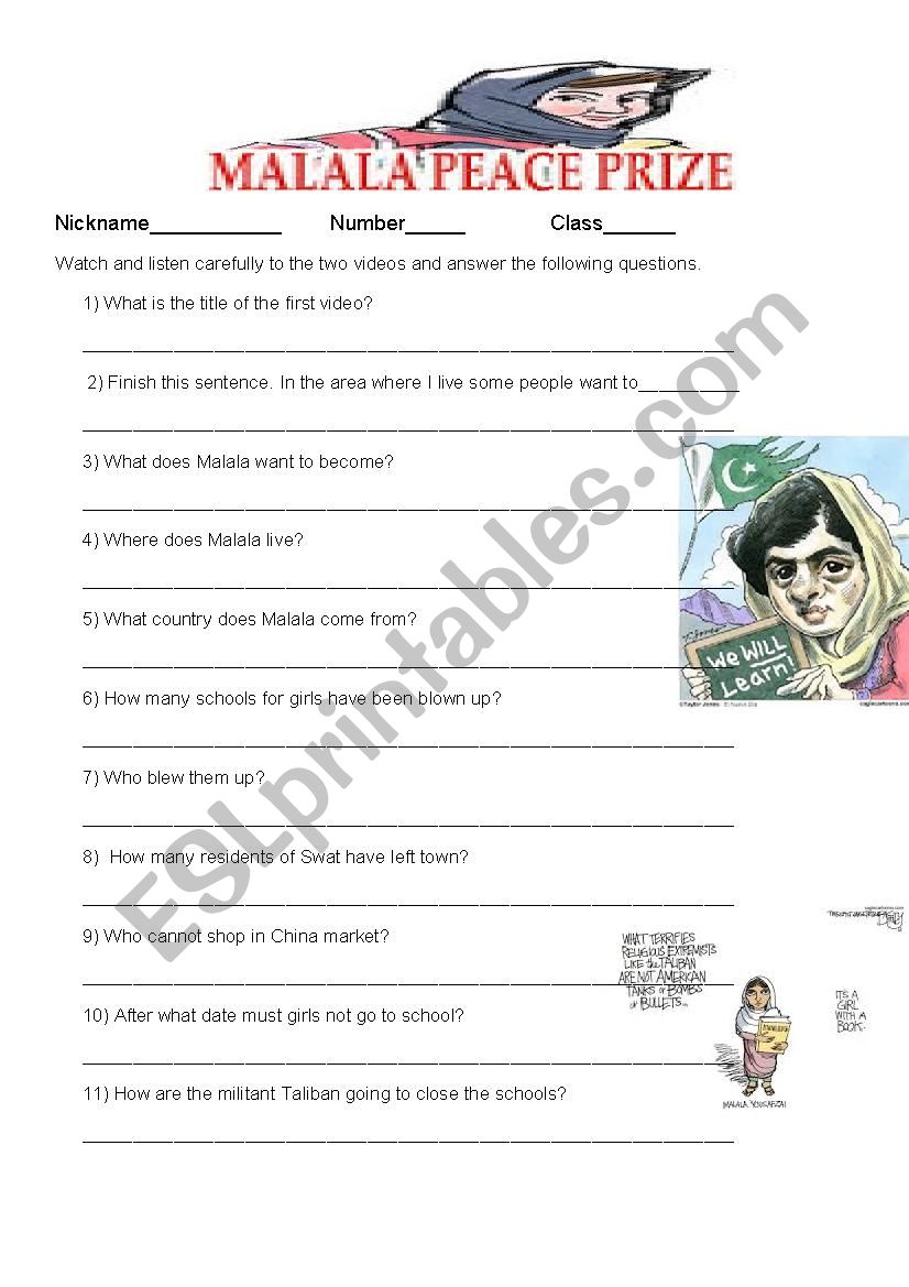 Malala Peace Prize worksheet