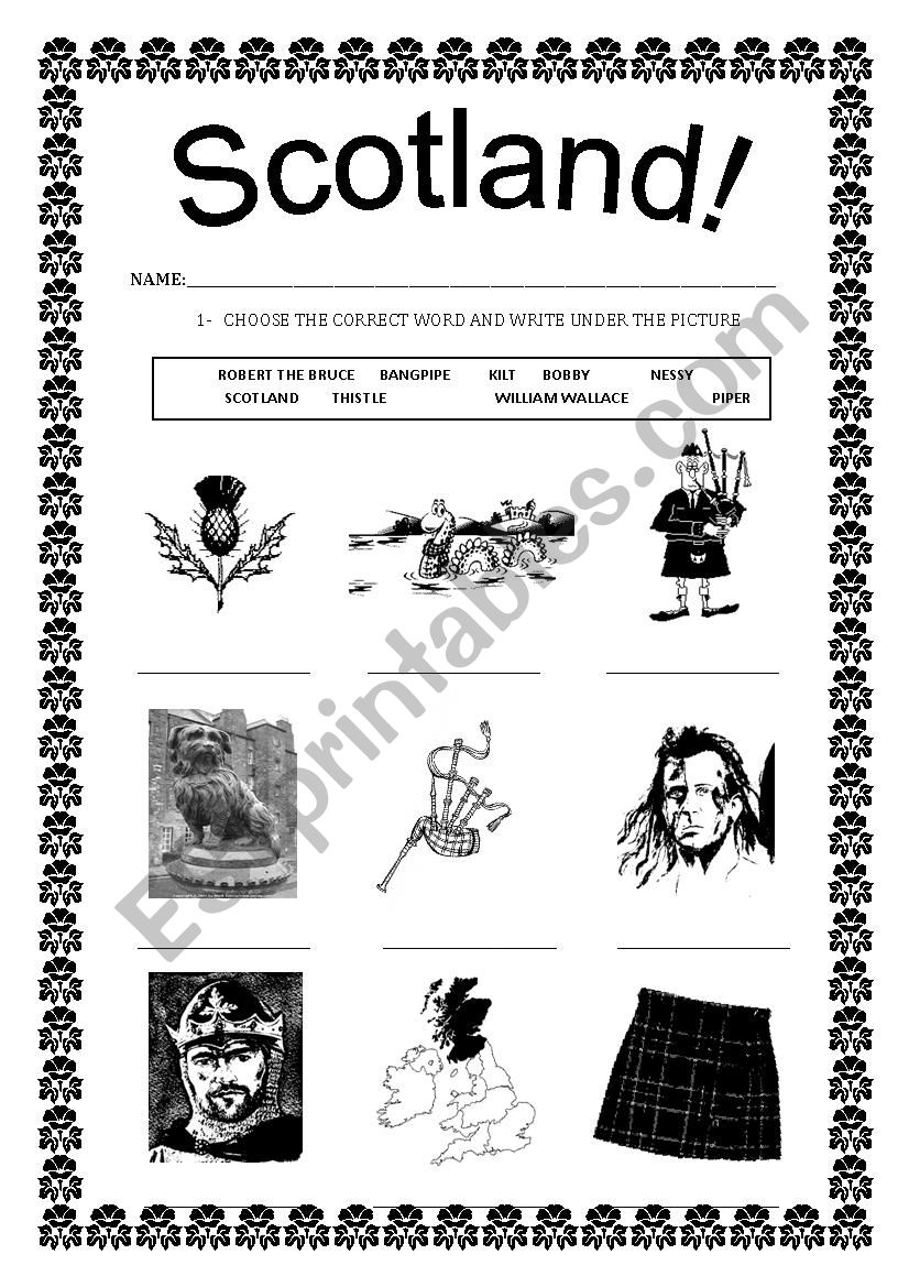 Scotland vocabulary worksheet