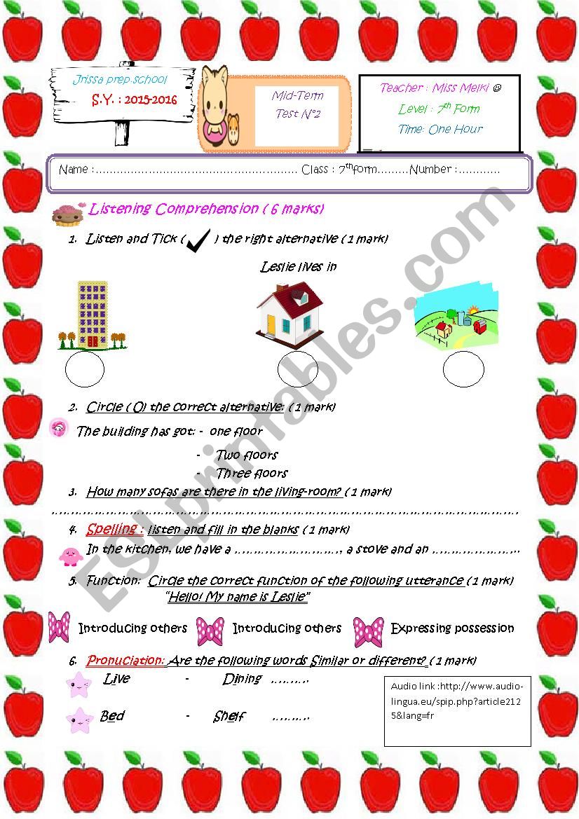 7th form mid term 2 worksheet