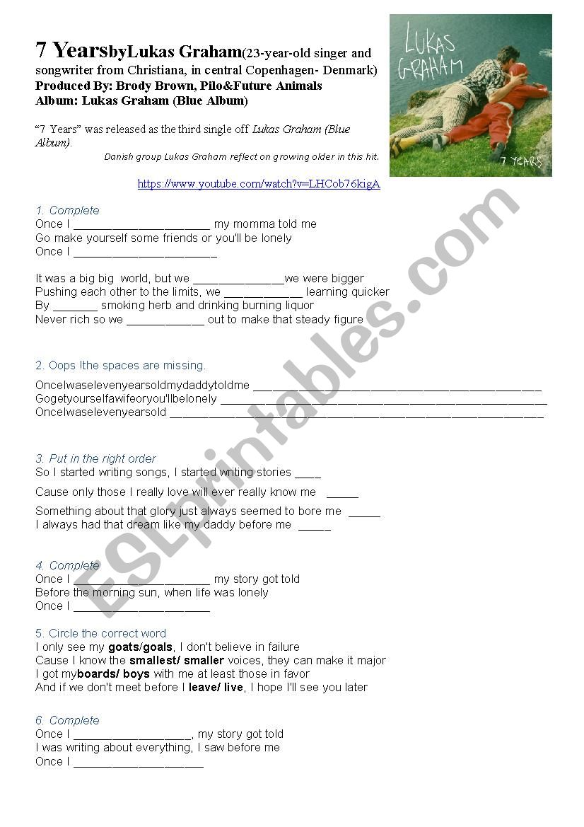 Lukas Graham 7 years worksheet