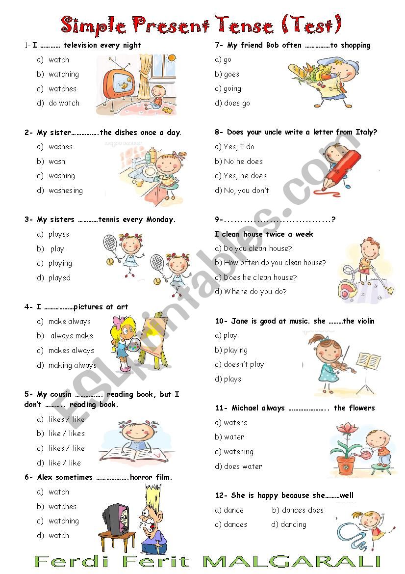 present tense test worksheet