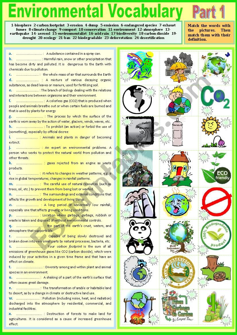 Voca - Environmental Vocabulary. Part 1. Pictionary + matching definitions + KEY