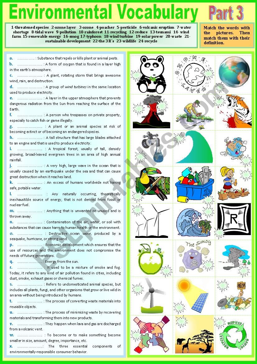 Voca - Environmental Vocabulary. Part 3. Pictionary + matching definitions + KEY