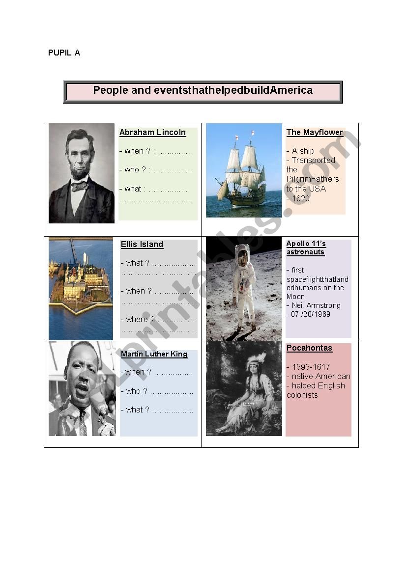 People and events that helped build America (information gap activity - pair work)