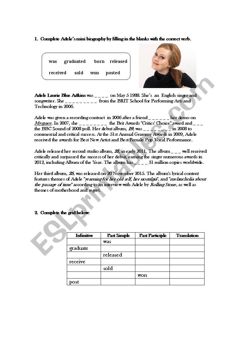 Adeles When we were young worksheet