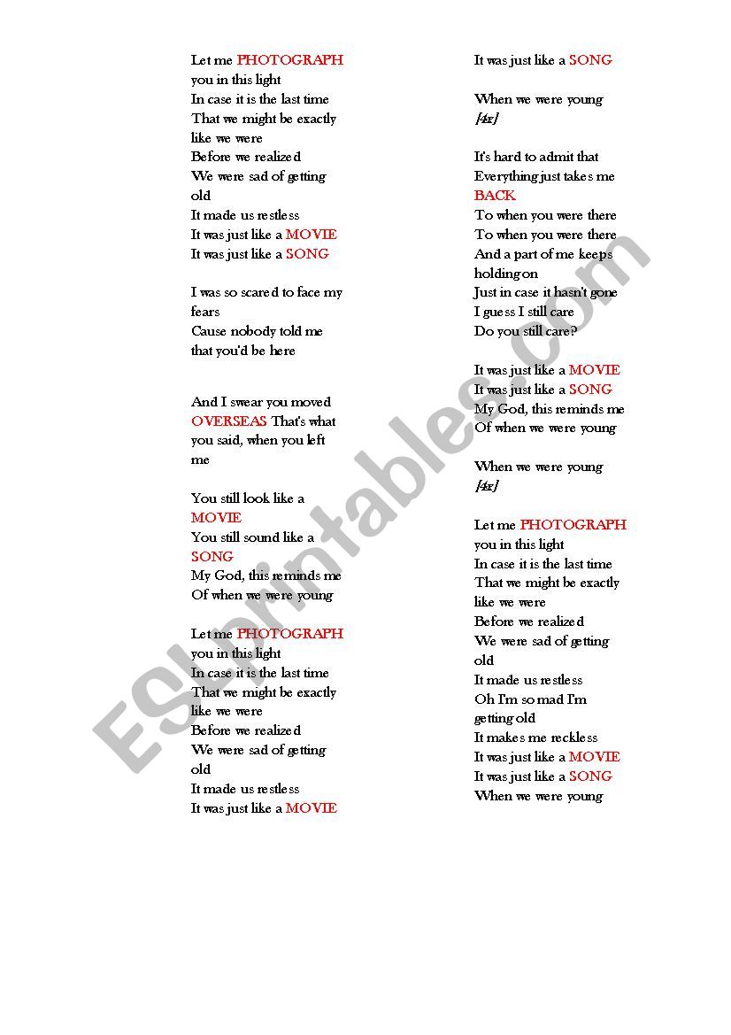 Adele S When We Were Young Esl Worksheet By English4real