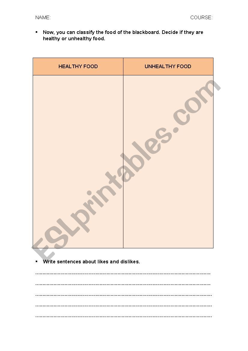 HEALTHY AND UNHEALTHY FOOD worksheet