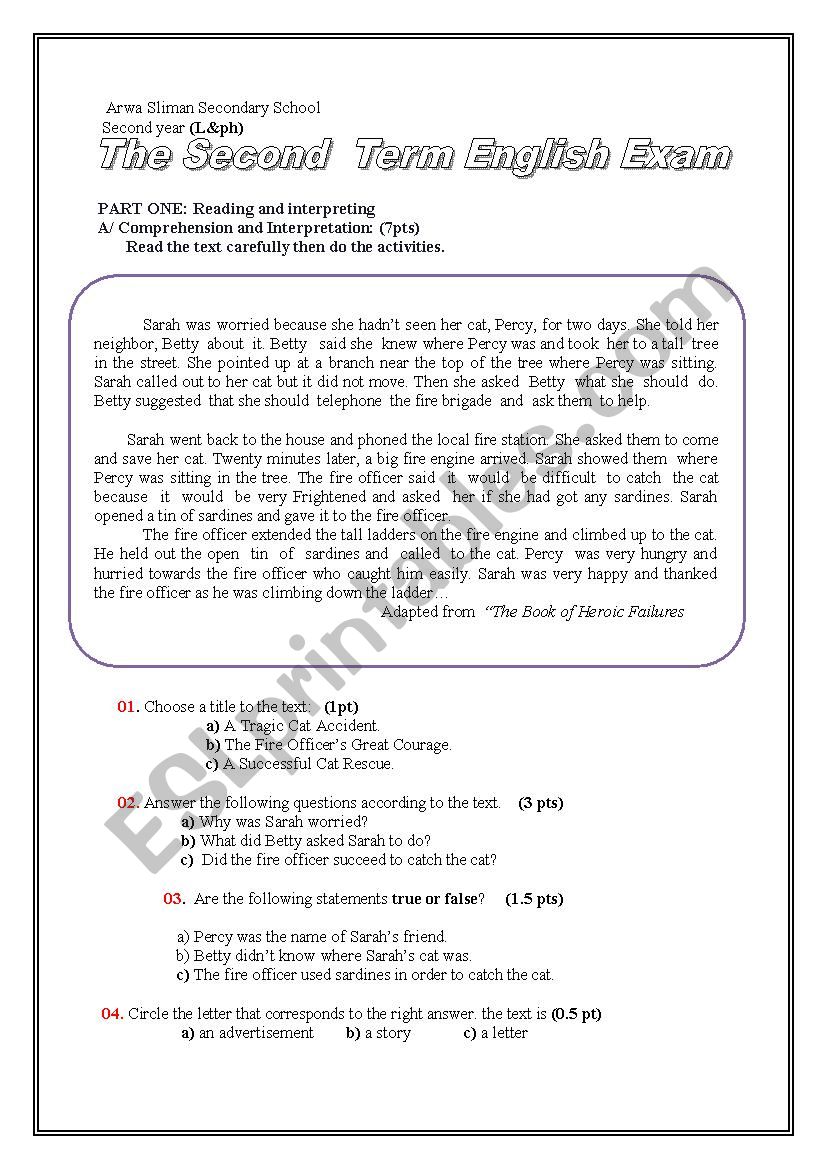 SHORT STORY CAT RESCUE worksheet