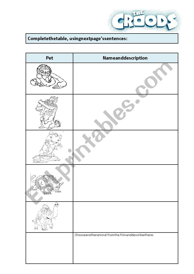 the Croods pets description worksheet