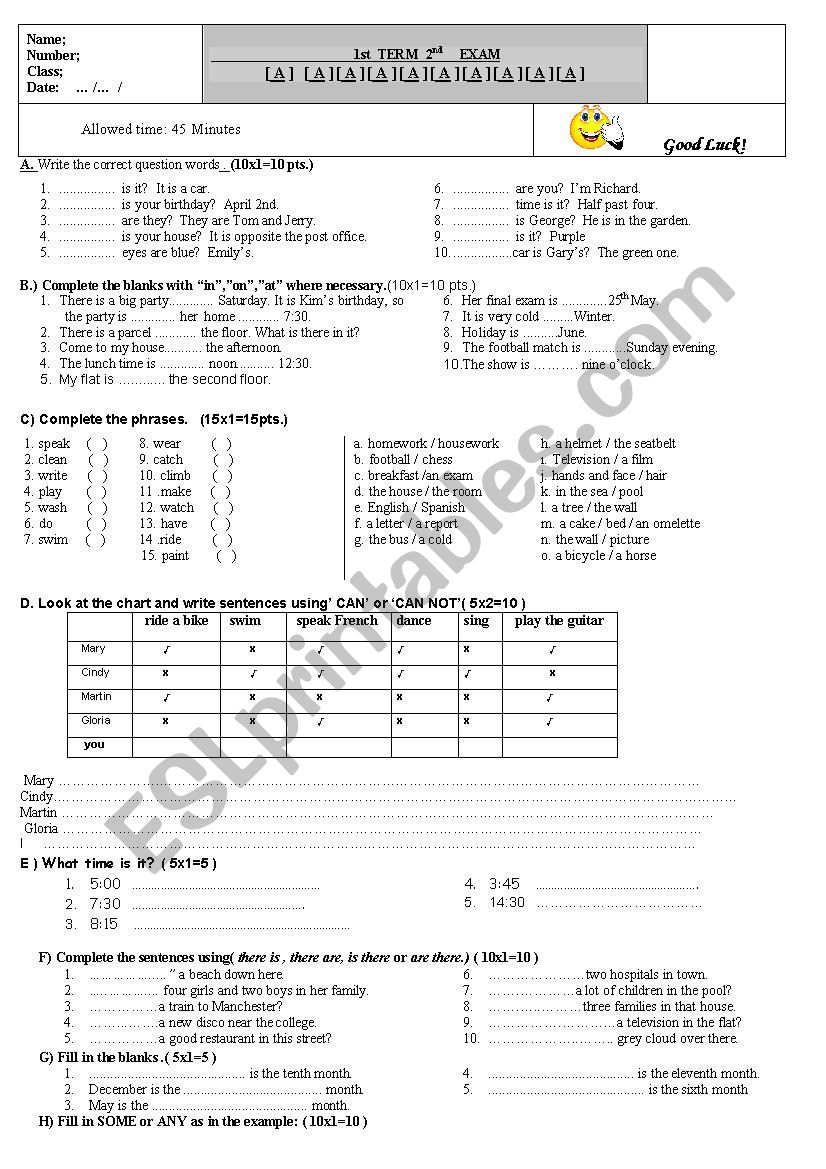 assesment test worksheet