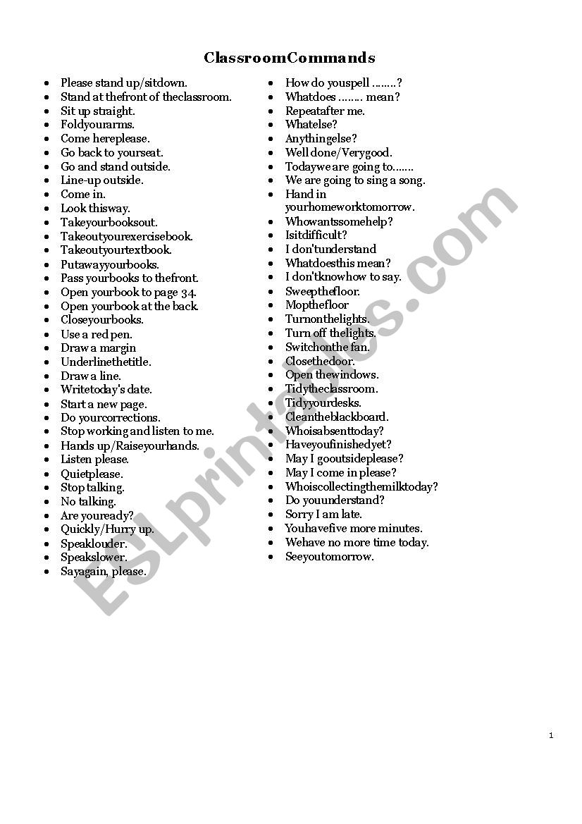 Classroom Commands worksheet