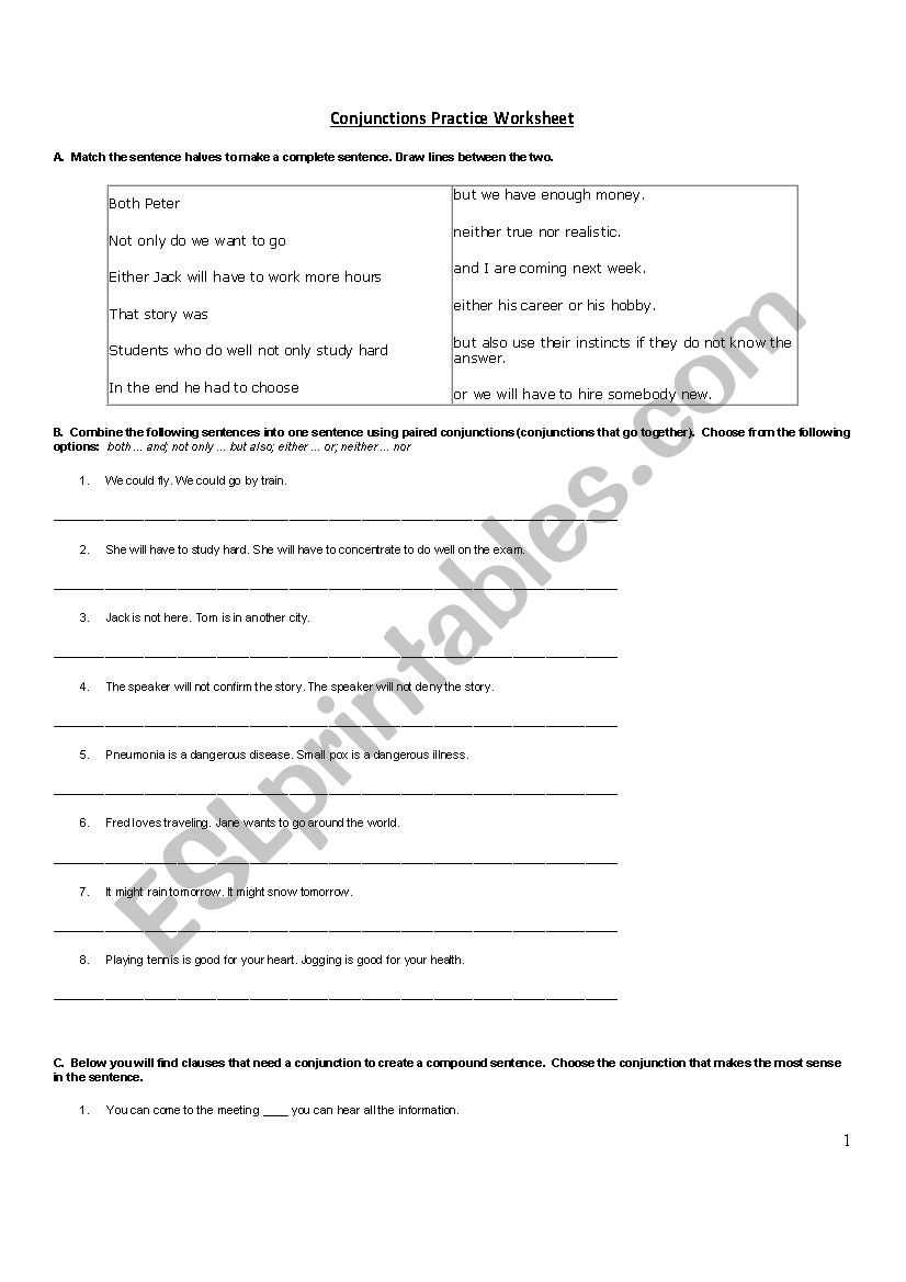 Conjunctions exercise worksheet