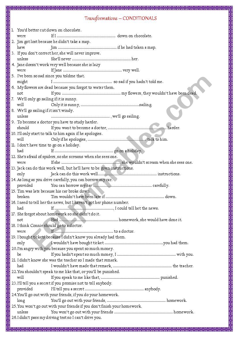 Conditionals - Paraphrasing worksheet