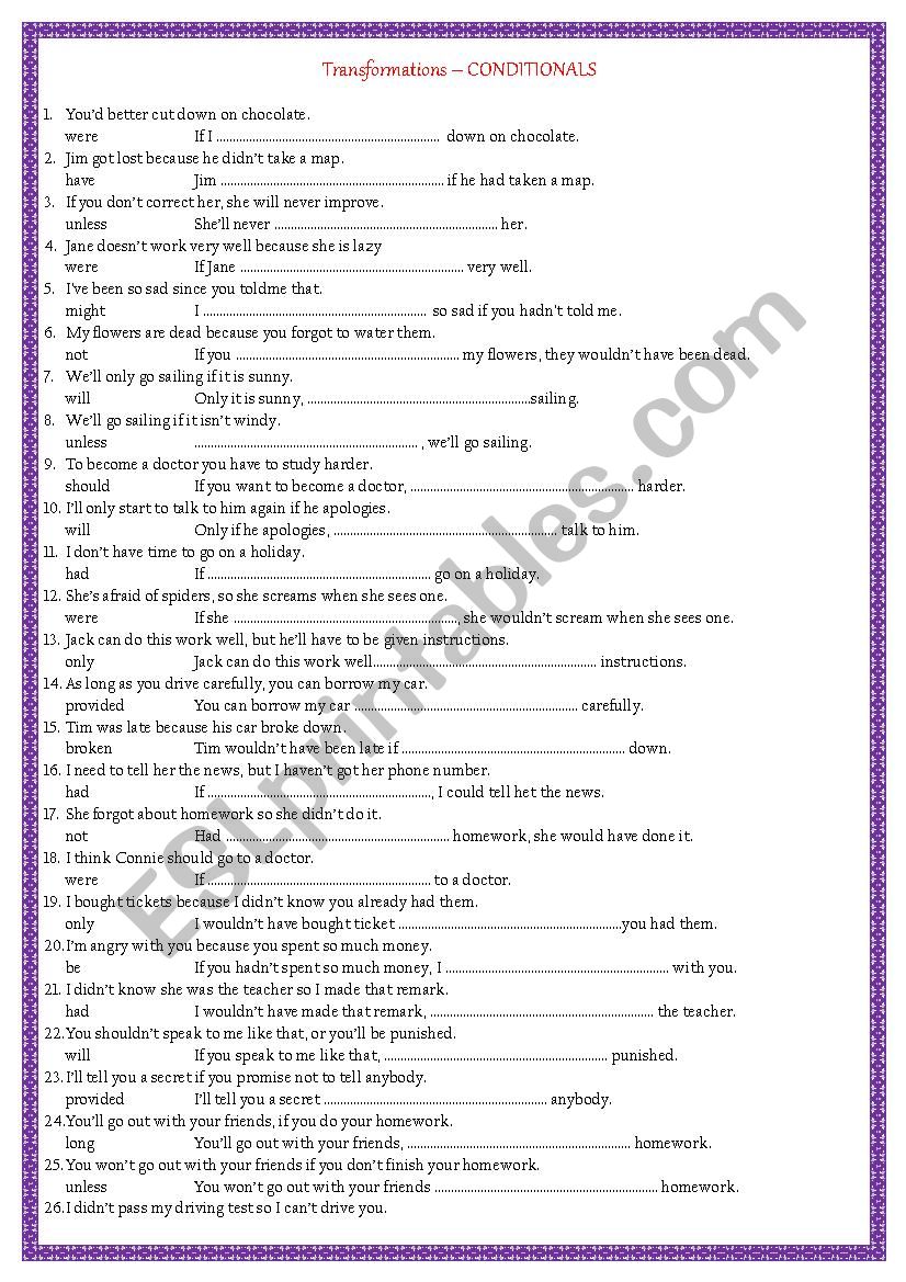 Conditionals - Paraphrasing worksheet