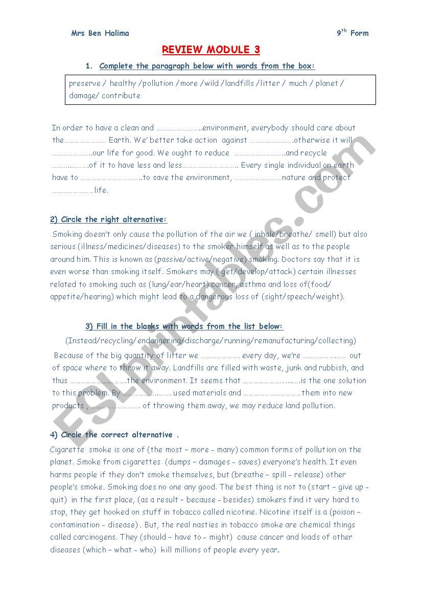Review Module 3 9th form worksheet