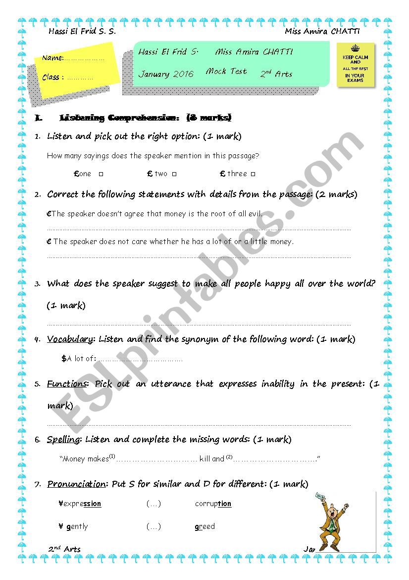 Mock test for 2nd formers worksheet