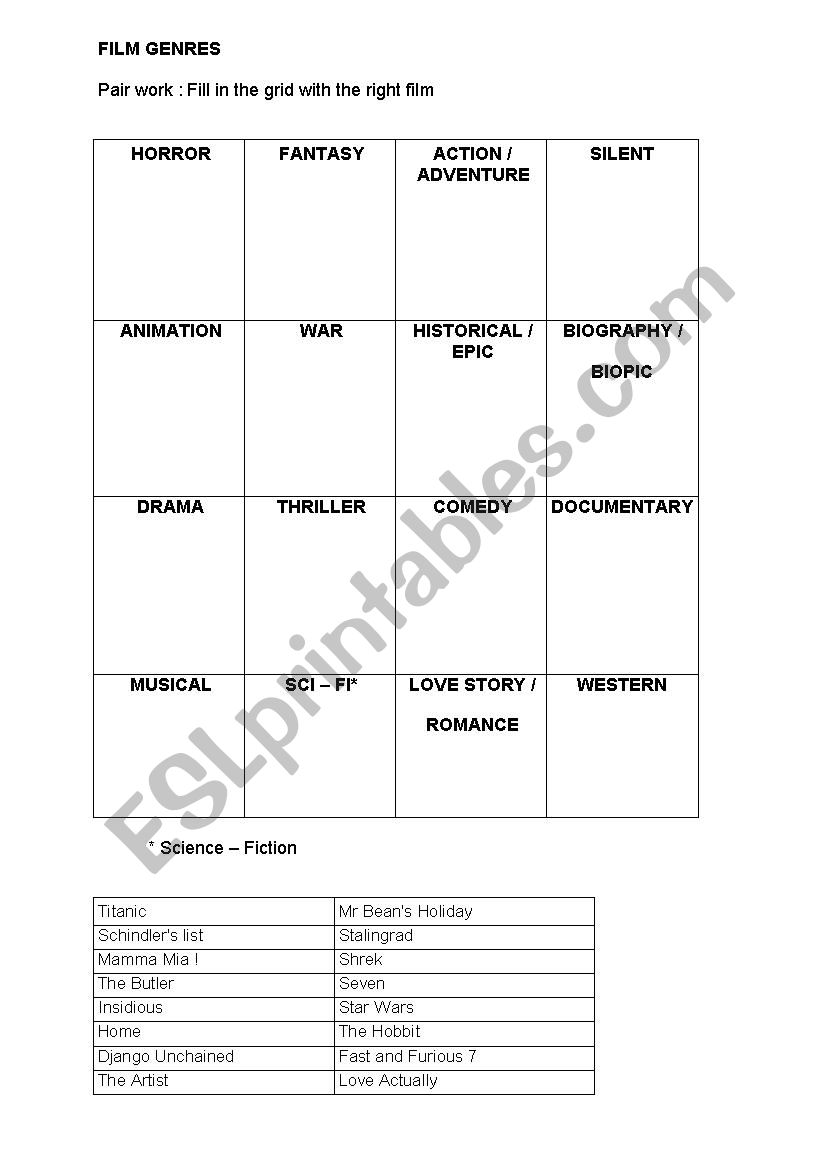 Film genres worksheet