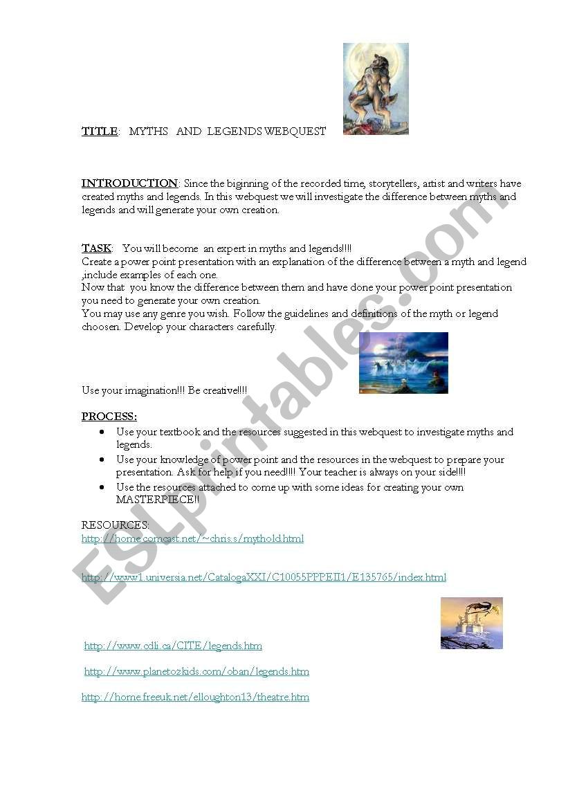 myths and legends webquest worksheet