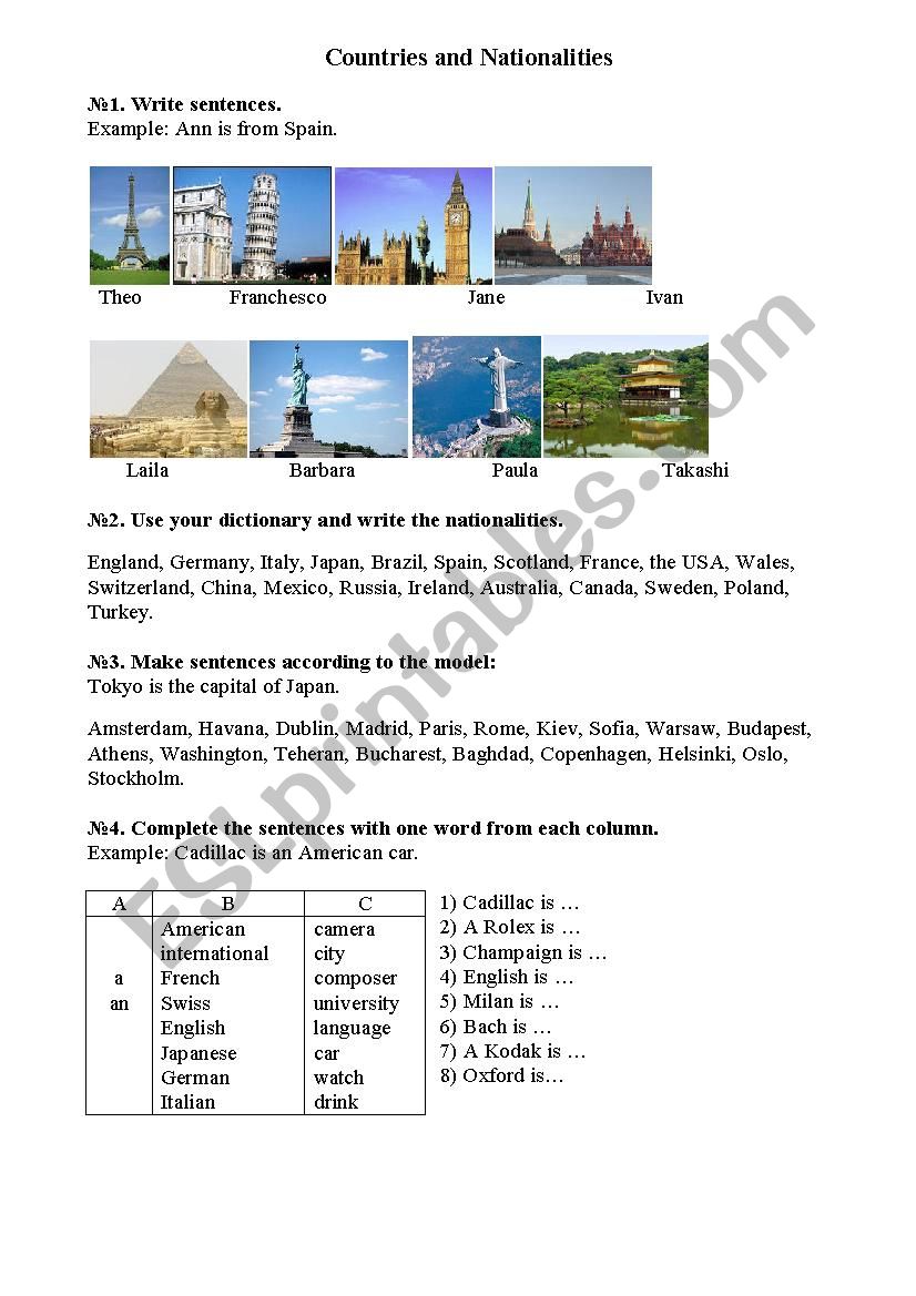 Countries and nationalities worksheet