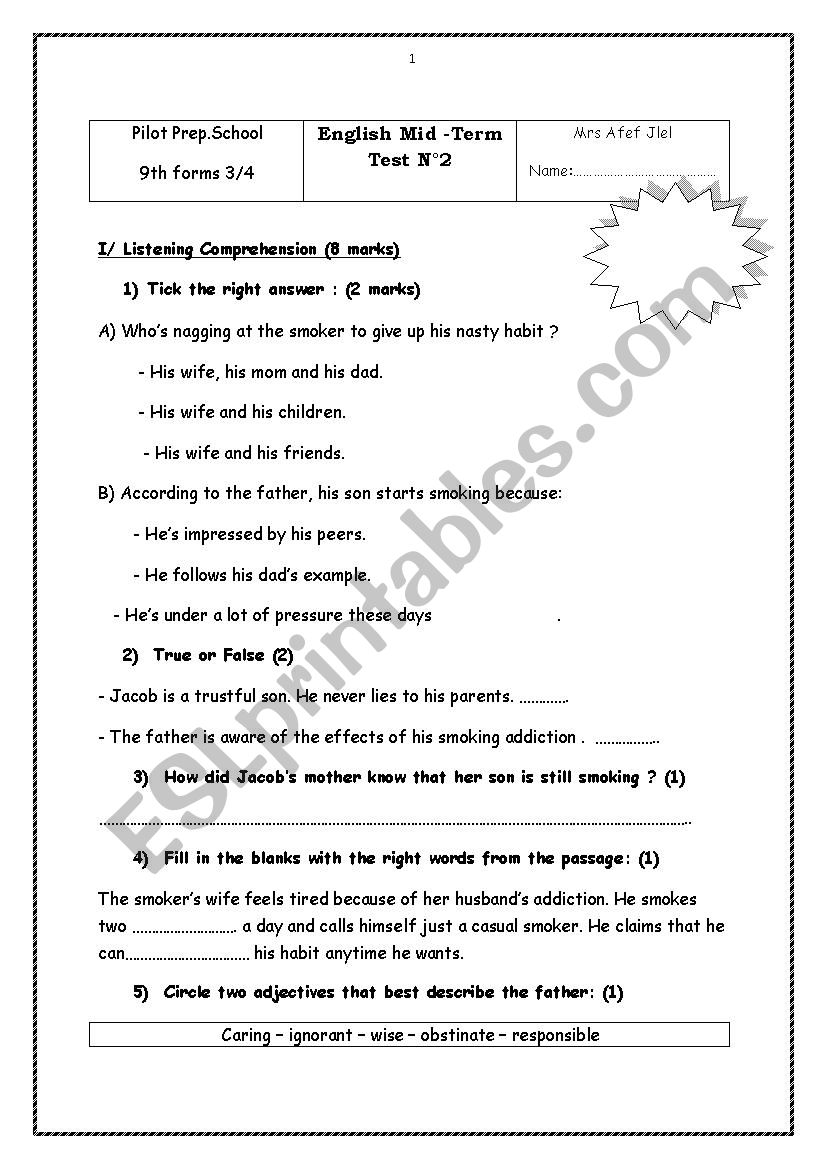 English Ordinary Test NÂ°2 worksheet