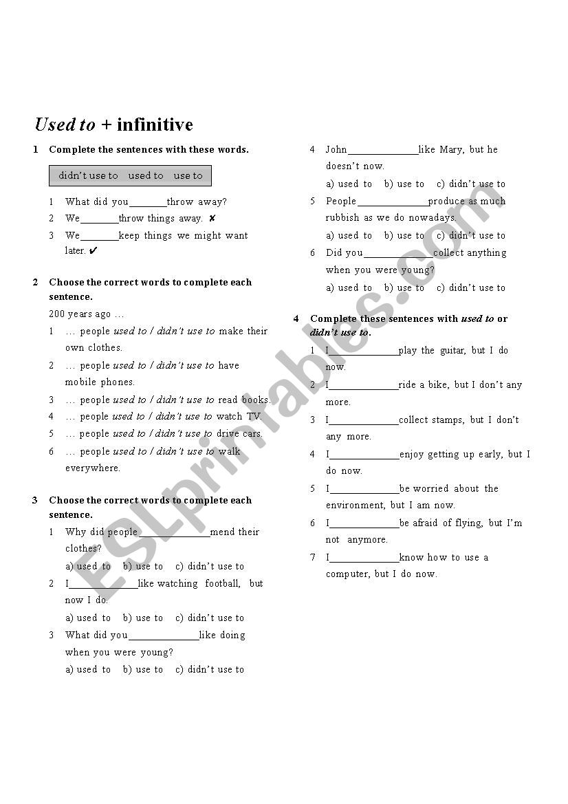 Used to + infinitive worksheet