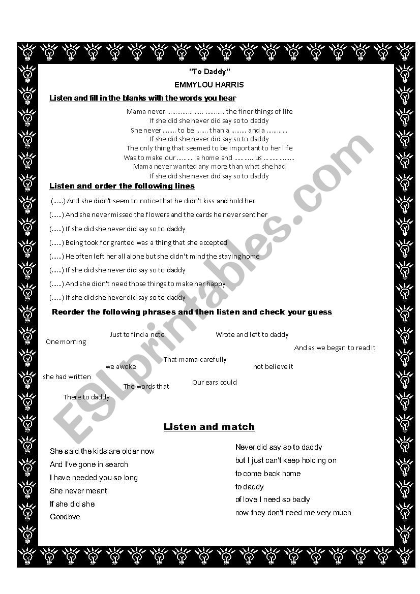 To daddy Emmylou Harris worksheet