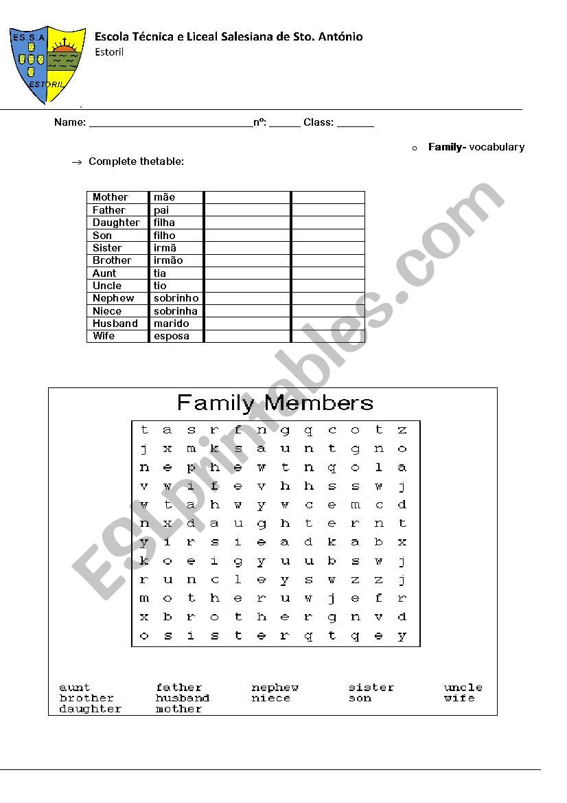 family vocabulary for Portuguese students