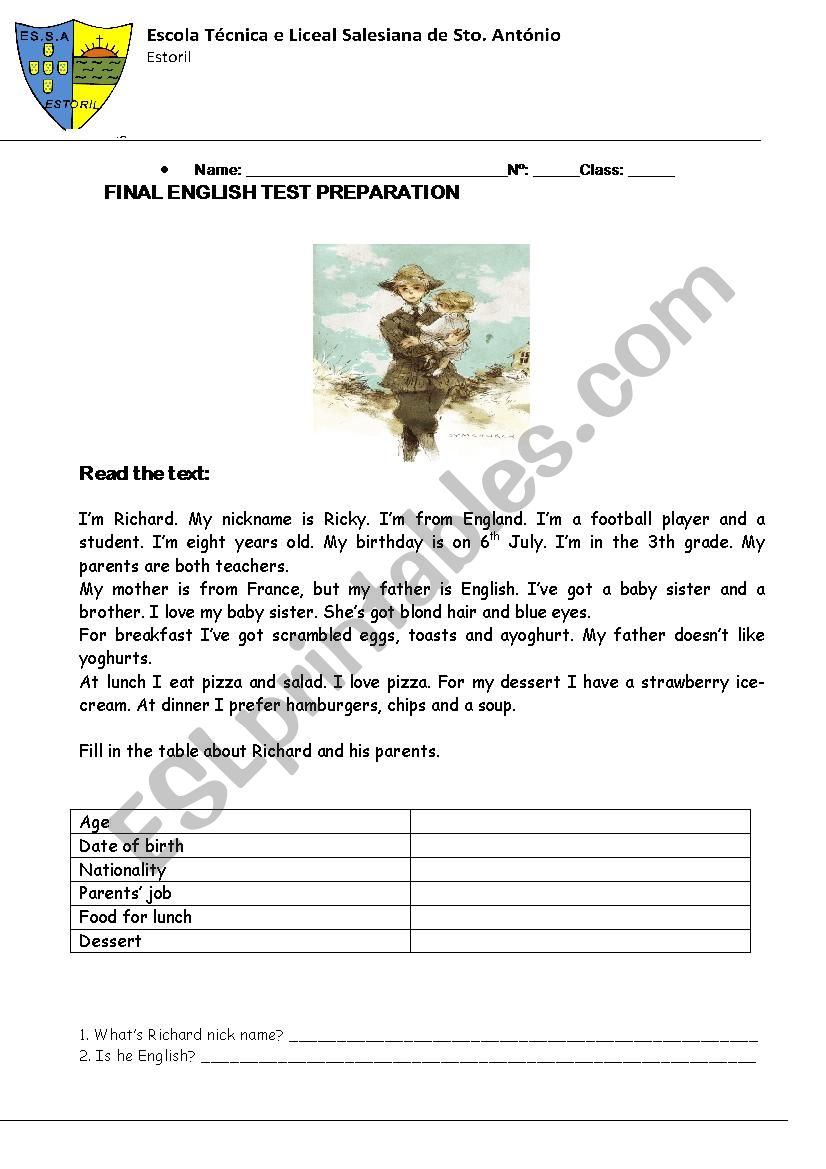 reading comprehension worksheet