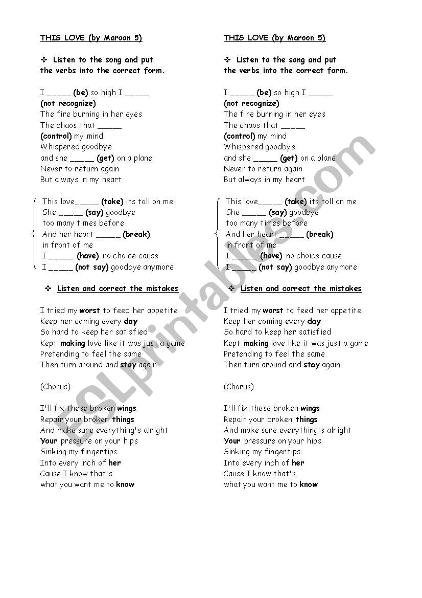 This love Song by Maroon 5 worksheet