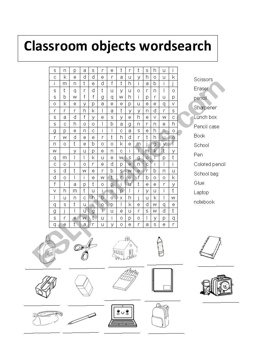 CLASSROOM OBJECTS WORDSEARCH worksheet