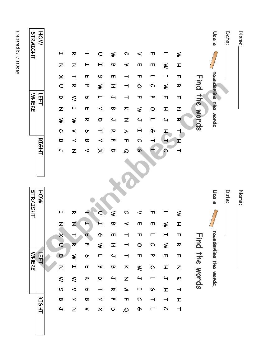 Word search for directions  worksheet