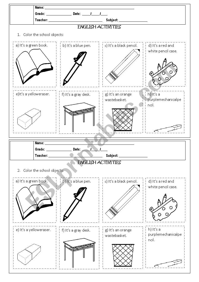 School Objects and Colors worksheet
