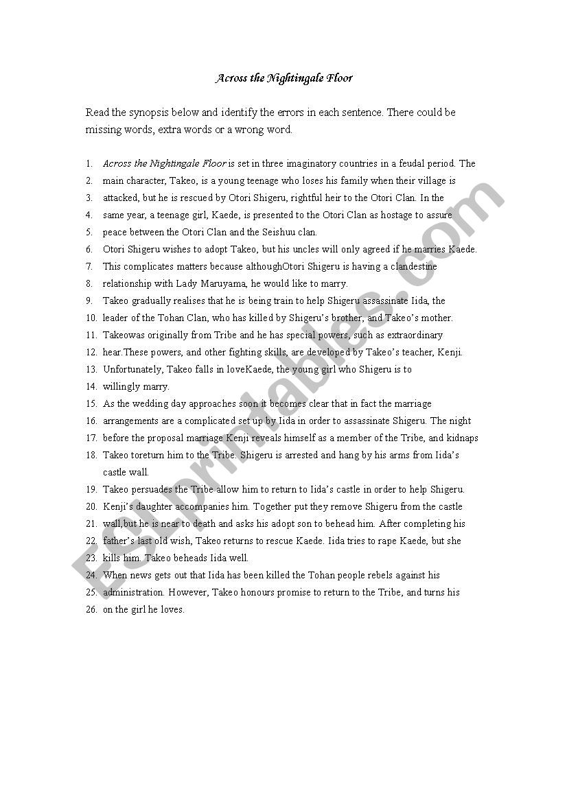 Across the Nightingale Floor  worksheet