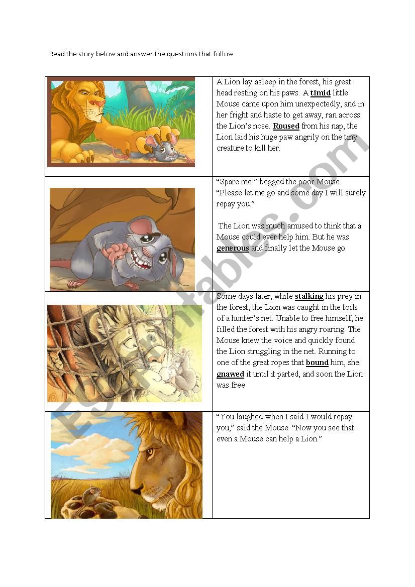 Reading Comprehension Aesops The lion and the Mouse
