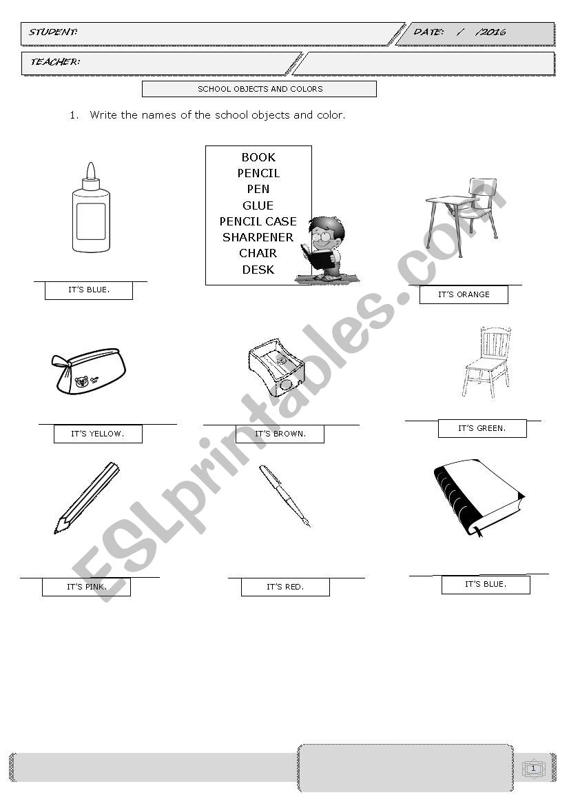 School objects worksheet