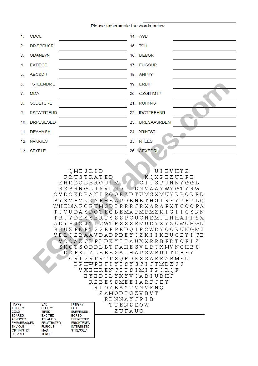 Emotions wordsearch worksheet