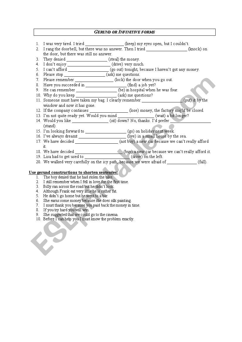 Gerund versus Infinitive forms