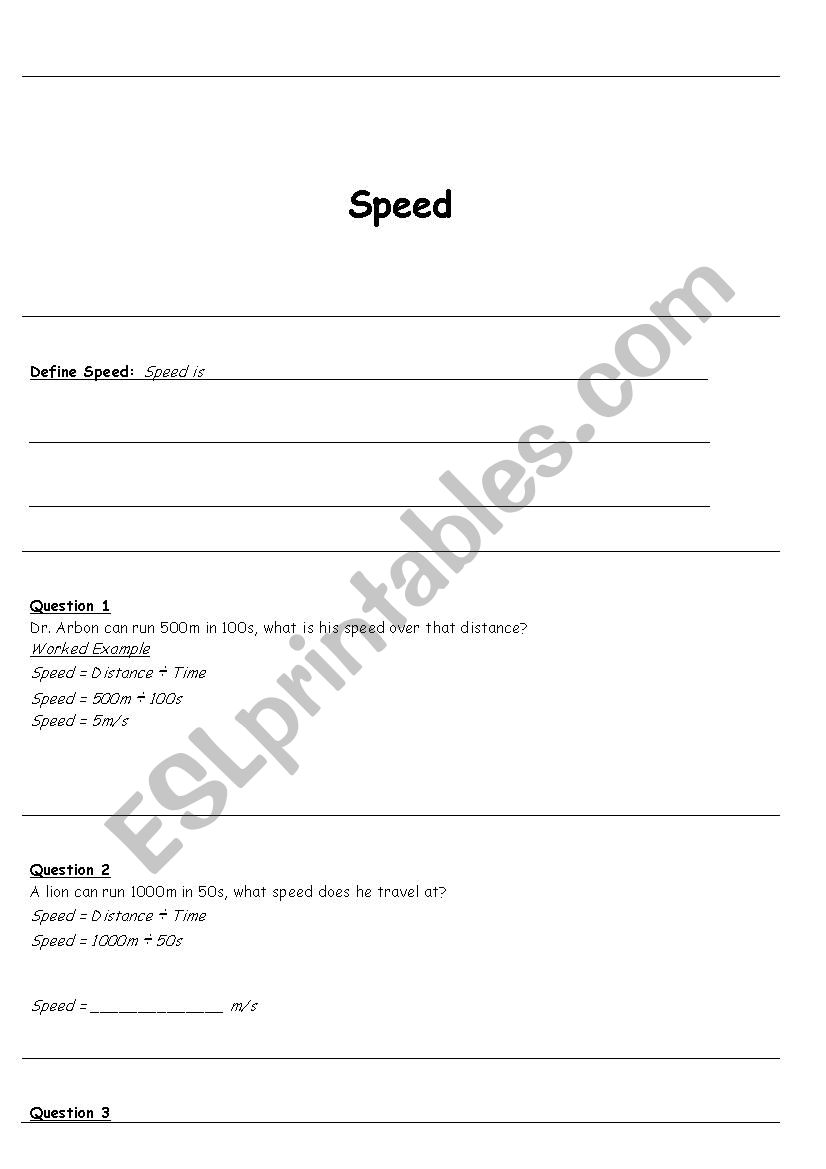 Calculating Speed worksheet
