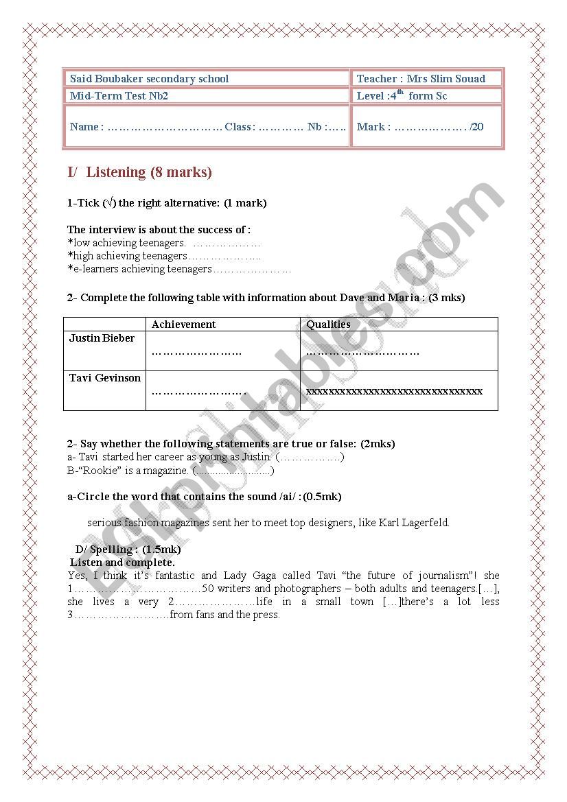 Mid Term Test 2 Bac eco/sc worksheet