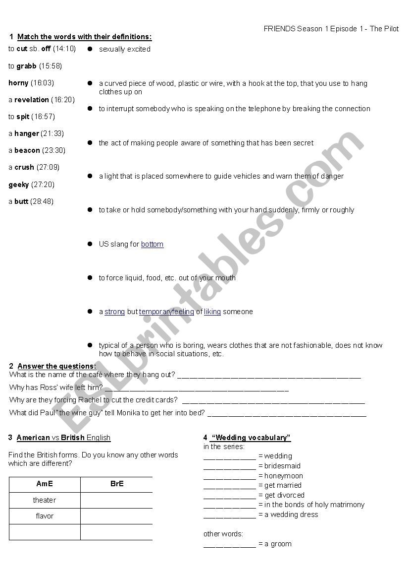 Friends:Season 1 Episode 1 worksheet