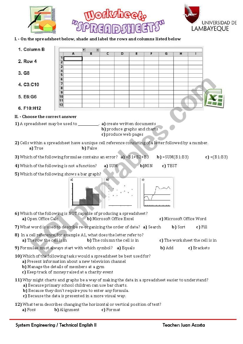 SPREADSHEET QUIZ worksheet